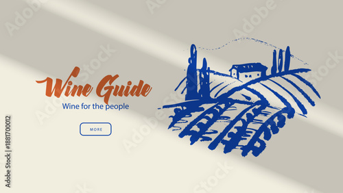 Sketch vineyard landscape. Hand drawn blue lineart vector illustration of wine growing region. Countryside winemaking background