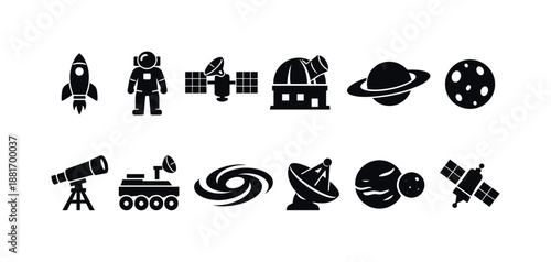 Minimal black space exploration icon set featuring rocket, astronaut, satellites, observatory dome, planets, moon, telescope, rover, galaxy, and dish antenna