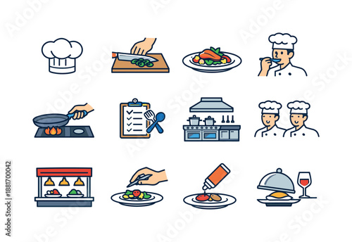 Collection of culinary icons showing chefs, food preparation, cooking equipment, plating, seasoning, restaurant service, covered dish and wine glass set