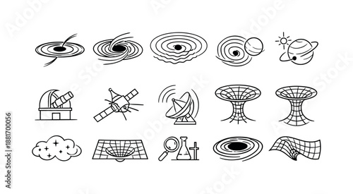 Set of minimalist astronomy and physics line icons featuring black holes, satellites, radio telescopes, spacetime grids, planets, and lab symbols