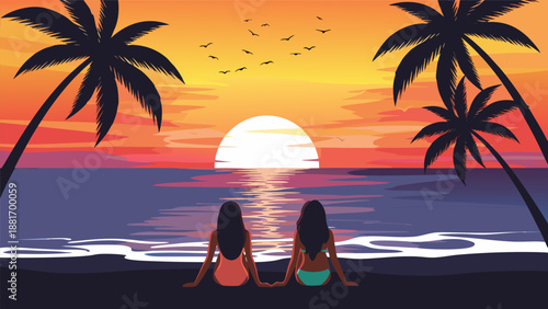 Vector illustration of two women sitting on a beach watching a beautiful sunset with palm trees and ocean waves