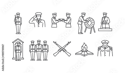 Minimal line icon set showing soldiers saluting, rifle memorial, wreath ceremony, honor guard, officer portrait, and eternal flame tribute elements