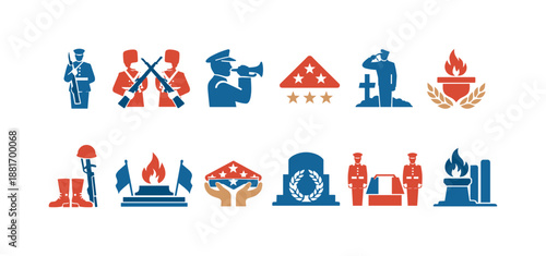 Patriotic memorial icon set with soldiers, salutes, flags, rifles, medals, laurel wreaths, eternal flame, tombstone, and ceremonial guard silhouettes
