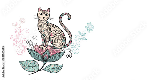 Ornate calico cat with beautiful swirling patterns sits atop a large blooming flower surrounded by elegant vine flourishes and smaller buds.