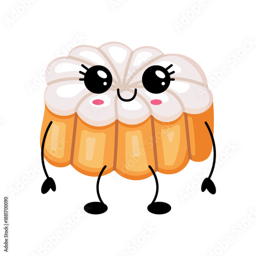 Smiling kawaii bundt cake character with cute face and pastel colors, isolated on white background for kids design and food branding.