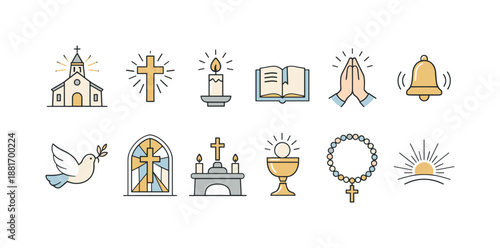 Minimal religious line icons set featuring church, cross, candle, open bible, praying hands, bell, dove, stained glass, altar, chalice, rosary, sunrise