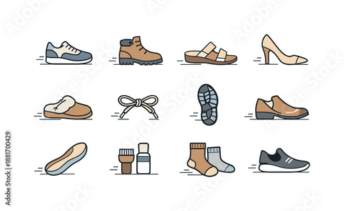 Set of assorted footwear icons including sneakers, boots, sandals, heels, loafers, slippers, socks, insoles, laces, and care accessories