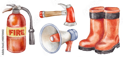Foto Watercolor elements for fire safety theme with various tools and equipment