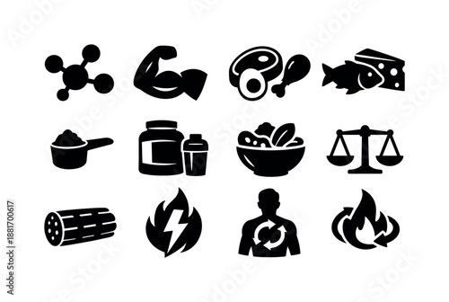 Set of black silhouette health and nutrition icons featuring protein foods, supplements, strength, measurement, metabolism, and fitness symbols