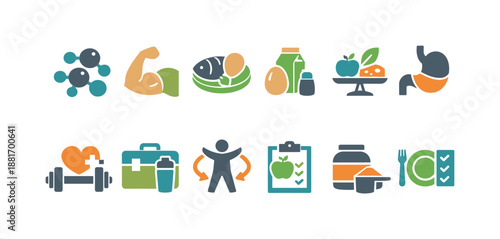 Row of colorful flat icons illustrating healthy lifestyle and wellness concepts including nutrition, fitness, supplements, hydration, diet planning, and strength
