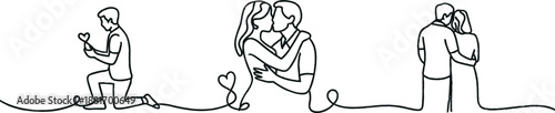 Continuous line drawing of romantic couple relationships and love stages and proposals in one line