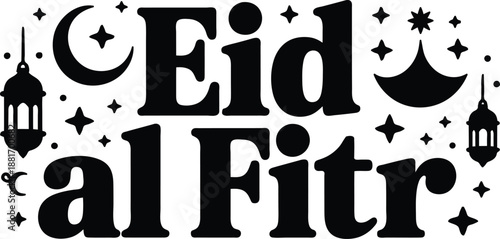Eid al Fitr greeting with crescent moons stars and lanterns