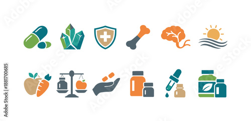 Collection of colorful wellness and healthcare icons featuring supplements, herbs, protection shield, nutrition, medicine bottles, droppers, and sunlight