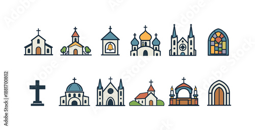 Set of religious church icons and architectural elements, including chapels, cathedral facades, domes, crosses, stained glass windows, and doors