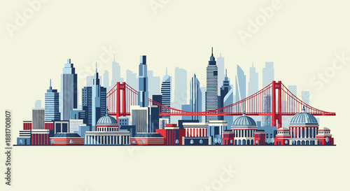 Modern Cityscape Skyline with Iconic Bridge and Buildings.