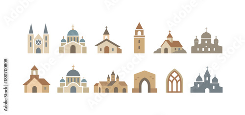 Flat vector set of church buildings and cathedral silhouettes with towers, domes, steeples, and arches in minimal pastel style icons
