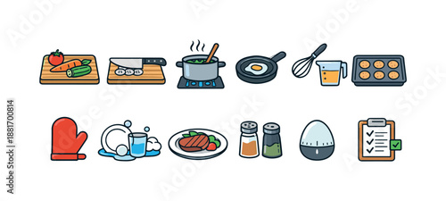 Kitchen cooking icons set with chopping board, vegetables, pot on stove, frying pan egg, whisk, measuring cup, baking tray, dishes, seasonings