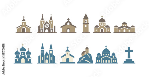 Set of stylized church and cathedral icons in flat design, featuring diverse Christian architecture silhouettes with domes, towers, and crosses