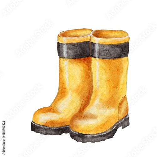 Watercolor design of yellow rubber boots on a white background for packaging and wrapping use
