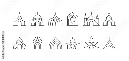 Minimal line art collection of church and cathedral icons with domes, spires, arches, and crosses in simple monochrome outline style