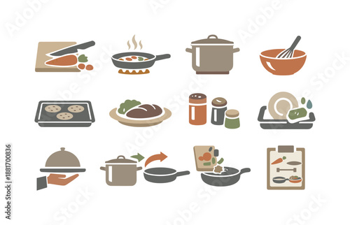 Kitchen cooking and meal preparation icons showing chopping, frying, baking, roasting, seasoning, stirring, simmering, serving, and recipe planning