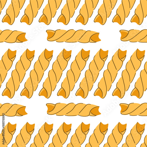 A fun seamless pattern with twisted macaroni. Spiral shaped Italian pasta print