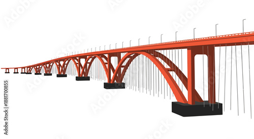 Modern Orange Arch Bridge Structure Perspective View.