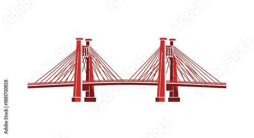 Modern red cable stayed bridge architectural vector illustration.
