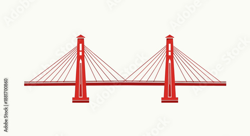 Modern Red Cable-Stayed Bridge Structure Illustration.