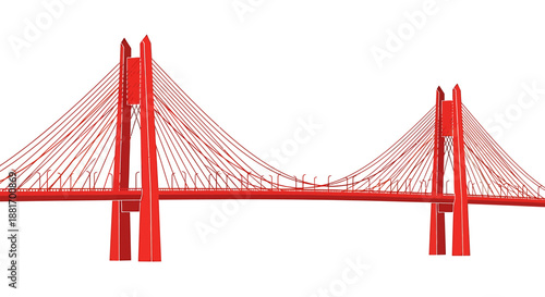 Modern red cable-stayed suspension bridge architectural structure isolated on a white background.