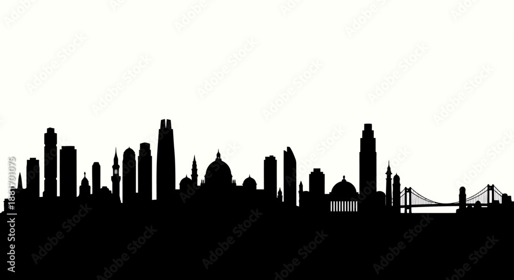 Fototapeta premium Silhouette of a city skyline with various buildings and structures.