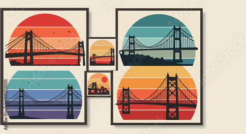 Retro Bridge Silhouette Art Collection - A Nostalgic Urban Landscape.