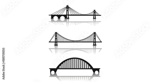 Set of three different bridge silhouettes with reflections.
