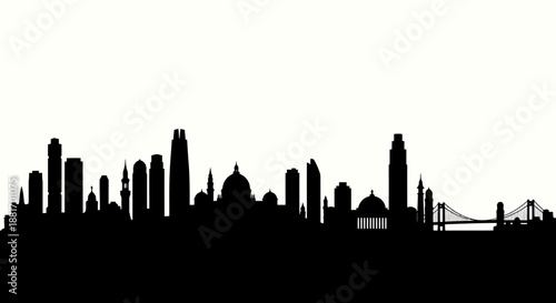 Silhouette of a city skyline with various buildings and structures.