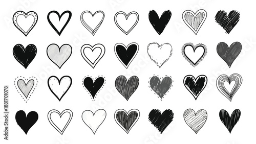 Collection of various black and white hand drawn hearts on a plain white background high quality