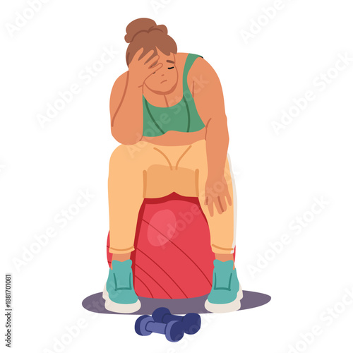 Fatigue overweight woman suffering from exhaustion sitting on fitness ball holding head in hand