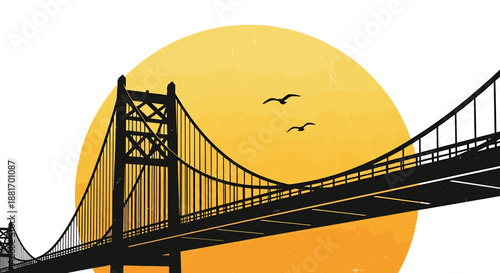Silhouette of a majestic suspension bridge structure.