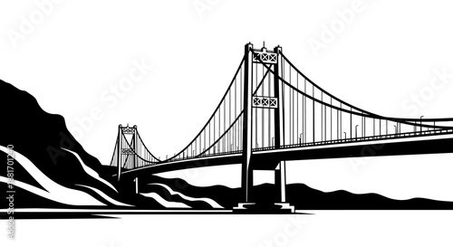Suspension bridge spanning water with towering pillars and cables, monochrome art.