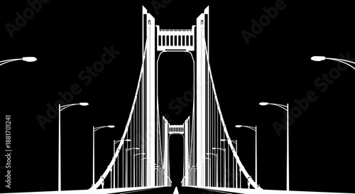 Symmetrical white silhouette of a suspension bridge at night.