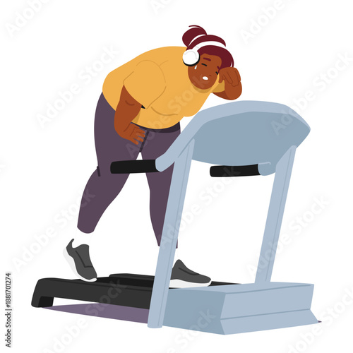 Overweight woman cartoon character running on treadmill with determined but exhausted expression