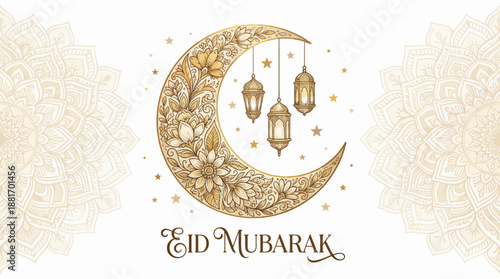 Eid Mubarak Crescent Moon Vector – Golden Lanterns, Stars, Mandala Background for Islamic Festive Greeting, Ramadan, Eid Celebration, Religious Clipart, and Cultural Design
