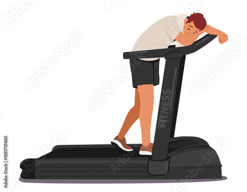 Tired young sportsman cartoon character feeling exhausted training on treadmill isolated on white