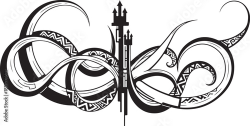 Intricate black and white illustration of tentacles and trident