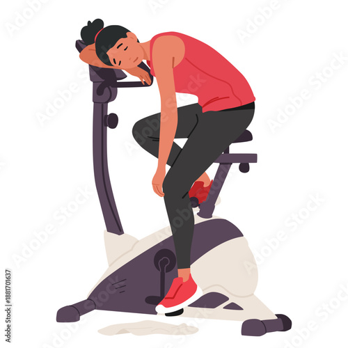 Tired sportswoman cartoon character feeling exhausted while riding exercise stationary bike