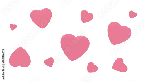 A scattering of simple pink hearts floating against a clean bright white background evoking feelings of affection