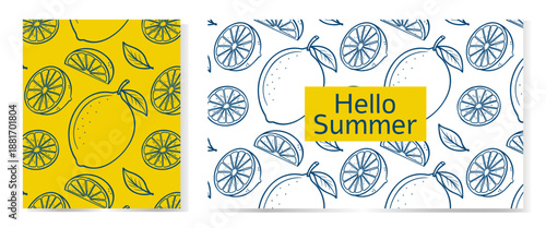 Vibrant lemon pattern designs with fresh citrus and "hello summer" message. vector