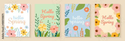 Spring cards with beautiful flowers. Minimalistic floral backgrounds with spring flowers. Vector illustration templates for International Women's Day, Mother's Day, and Easter.