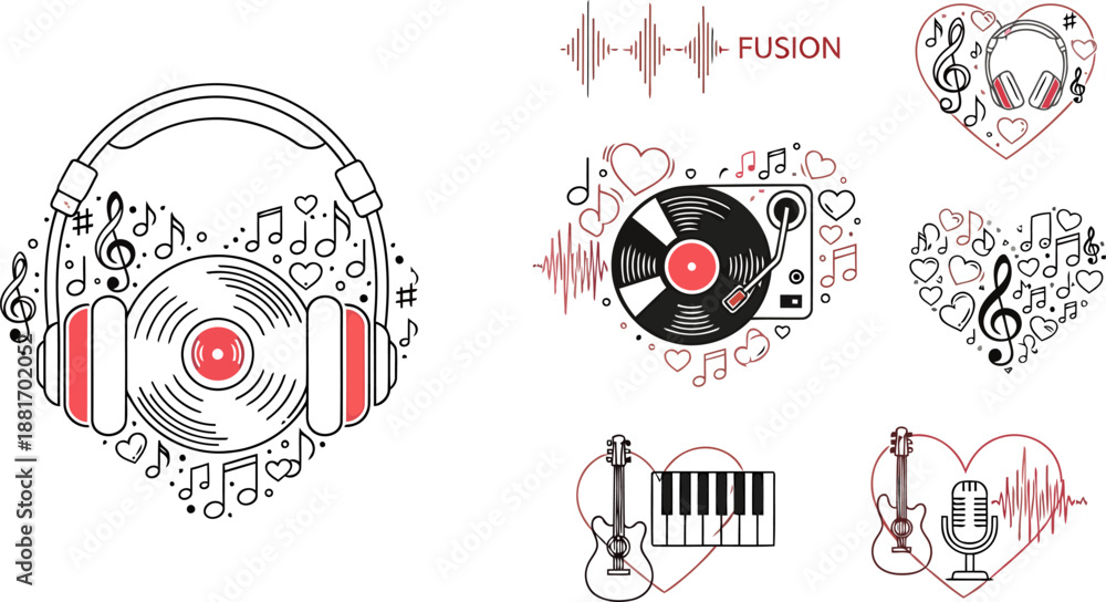 Obraz premium Music and Love Fusion Icons Featuring Vinyl Records, Headphones, and Musical Notes in Heart Shapes