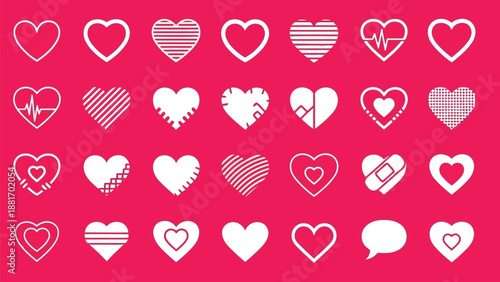 A collection of diverse white heart icons displayed on a vibrant pink background symbolizing affection and love