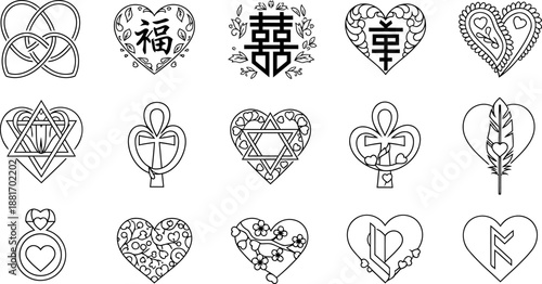 Spiritual and Cultural Heart Icon Set Featuring Religious Symbols, Engagement Ring, Cherry Blossoms, and Nordic Runes